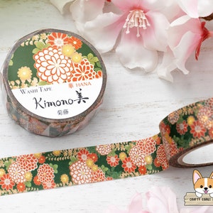 1 roll | 15mm | Kamiiso Saien KIMONO | HANA Series Gold Foil Yuzen Washi Tape | Chrysanthemum Wisteria