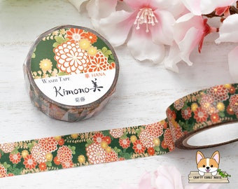 1 roll | 15mm | Kamiiso Saien KIMONO | HANA Series Gold Foil Yuzen Washi Tape | Chrysanthemum Wisteria