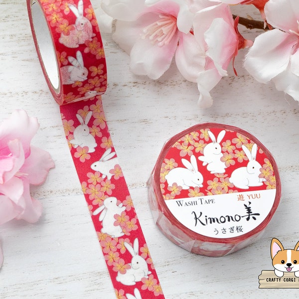 1 pc set | 15mm | Kamiiso KIMONO | YUU Series Gold Foil Yuzen Washi Tape | Rabbit Sakura