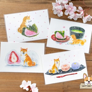 1 Bogen | Aktiv x Natsuka Murata | Shiba Inu & Delikates Frühlings Postkarten | Sakura Mochi - Matcha - Erdbeere Daifuku - Wagashi