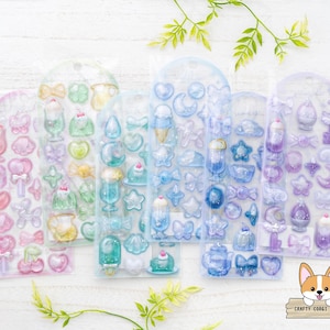 1シート | Q-lia | クリアジェム ホログラフィックホイルグリッターリキッド入り透明カプセルステッカー | ピンク ライムグリーン ミントブルー ネイビー パープル