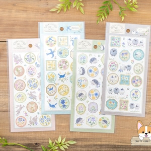 1 vel | NB | FLEUR Et CHANCE (Flower & Luck) Washi-stickers | Fete (konijn) - Merci (vogel) - plaisir (egel) - cher (schapen)