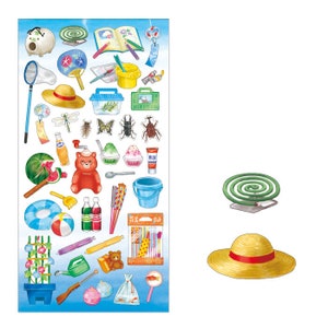 May include: A sheet of colorful stickers featuring various summer-themed items, including a straw hat, a watermelon, a bug catcher, a bug, a goldfish bowl, a bucket, a popsicle, a milk carton, a teddy bear, a fan, a book, a watering can, a flower pot, a bug repellent coil, and a mosquito coil.