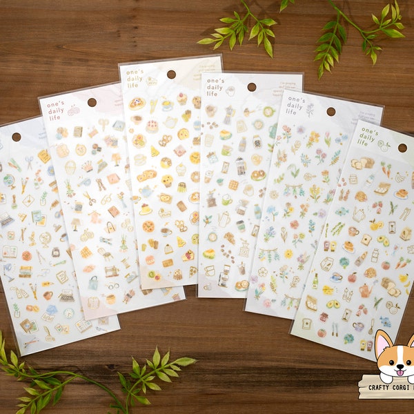 1 or 2 pc set | Mind Wave | ONE'S DAILY LIFE Gold Foil Tracing Paper Stickers | Stationery - Sewing - Sweets - Coffee - Flower - Food