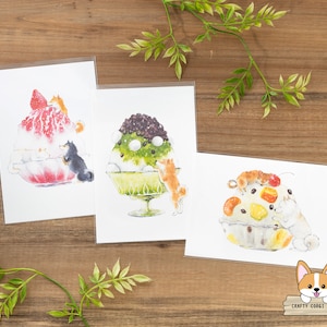 1 feuille | Active x Natsuka Murata | Shiba Inu et glace pilée Cartes postales | Fraise - Ujikintoki (matcha) - Lait concentré