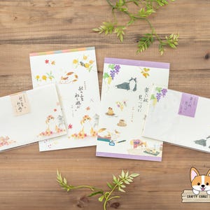 16 hojas 4 sobres / NB / CARTA DE OTOÑO Juego de bloc de cartas y sobres con diseño de gato Nekorobi / Autumn Village - New Fall