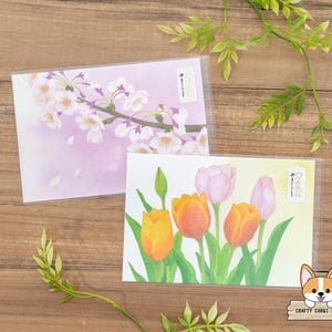 1 feuille | Nouveau-Brunswick x Aya Koharu | Cartes postales printanières CREALD | Sakura (fleur de cerisier) - tulipe