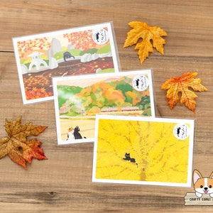 1 sheet | Active x Toshinori Mori | TABINEKO Autumn Postcards | Fall Color Patchwork - Hidden in the Ginkgo - Koi in Japanese Garden