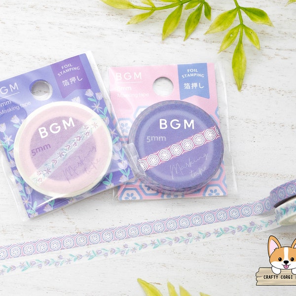 1 or 2 pc set | 5mm | BGM | Flower Silver Foil Slim Washi Tape | Flower Pattern - Purple Flower