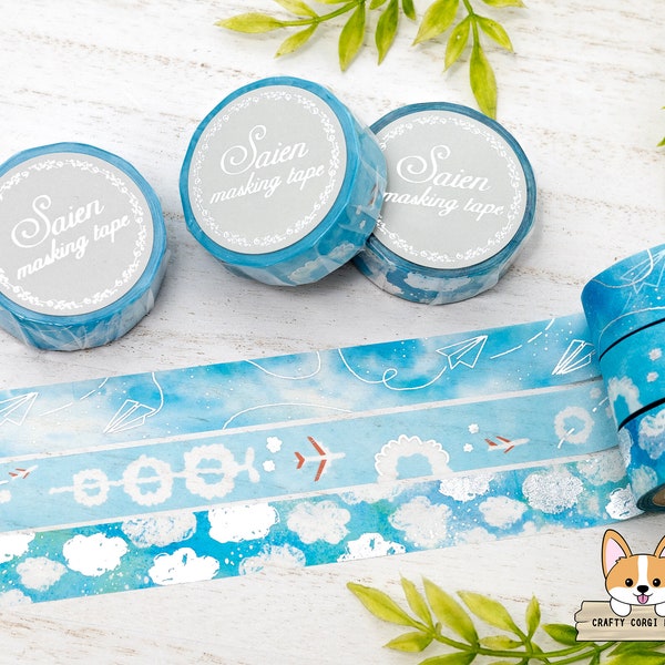 1 or 3 pc set | 15mm | Kamiiso SAIEN | Sky Silver Foil Washi Tape | Blue Sky (Paper Airplane) - Airplane - Cloud