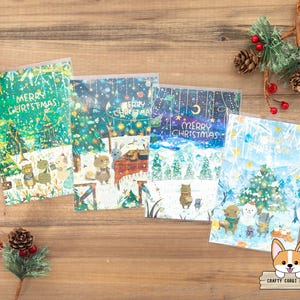 1 hoja / Active x Muumuu / Postales navideñas retro de animales del bosque con lámina dorada / Regalos: Sopa, Cielo nocturno y Muñeco de nieve