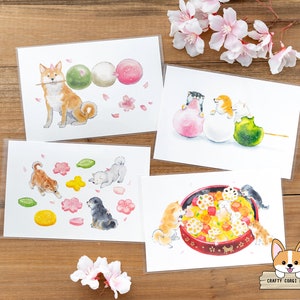 1 Bogen | Aktiv x Natsuka Murata | Shiba Inu & Delikates Frühlings Postkarten | 3 Farben Dango - Rakugan - Chirashi Sushi