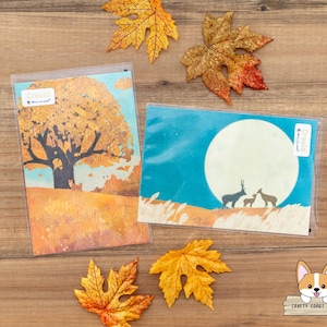 1 feuille | NB x Ryuki Fukao | Cartes postales animaux CREALD | Shiba et Gingko - Cerf et lune d'automne