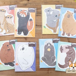 6 folhas, 3 envelopes | NB | Conjunto de letras recortadas de animais com zoom | Suricato - Panda-vermelho - Coala - Capivara - Castor - Foca - Lontra-marinha - Lontra