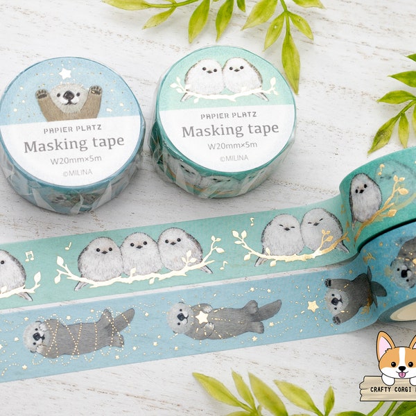 1 or 2 pc set | 20mm | Papier Platz x MILINA | Bird & Otter Gold Foil Washi Tape | LOVE Shima Enaga - LOVE Lacco (Sea Otter)