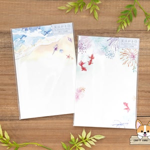 3 feuilles | Active x Chikako Mitsui | Cartes postales d'été en feuille d'argent de style Aquarelle | Plage de sable - Poissons rouges et feux d'artifice