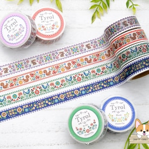 1 roll | 15mm | NB | TYROL Embroidery Style Washi Tape | Coney (Rabbit) - Squirrel - Birdie - Bloom