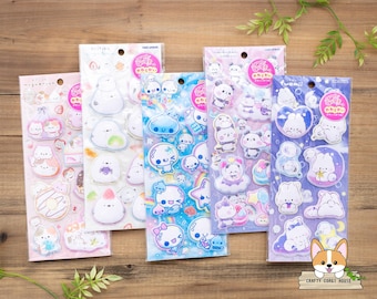 1 sheet | Kamio | MOTTO MOCHIRI Puffy Stickers w/ Rhinestone | Mogunyan - Daifuku Enaga Kissa - PukuPuku Awawa-chan - Mochipan - Fuamii