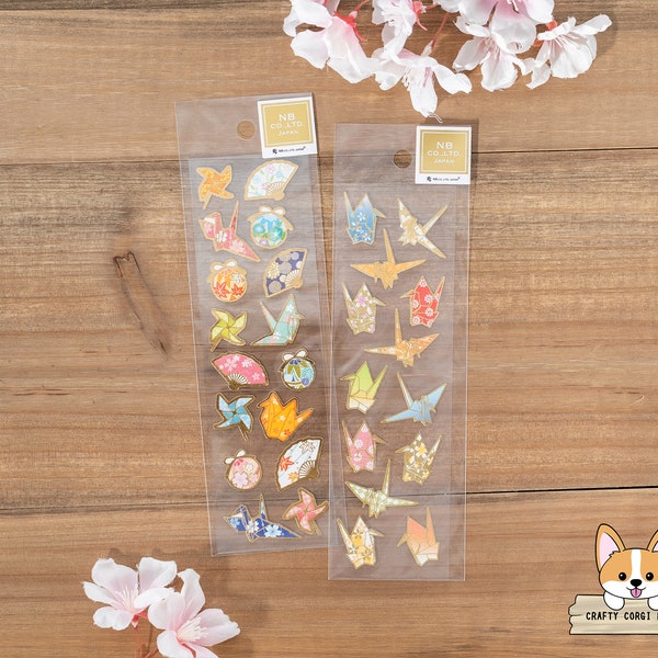 1 or 2 pc set | NB | Japanese Style Gold Foil Unryu Paper Stickers | Wakomono (Japanese Accessories) - Orizuru (Origami Crane)