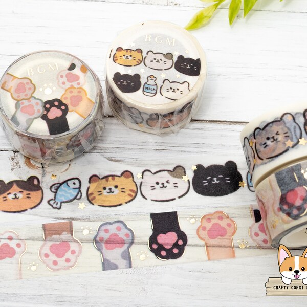 Juego de 1 o 2 piezas / 20 mm / BGM / Cinta Washi de lámina de gato / Cara de gato - Pata de gato