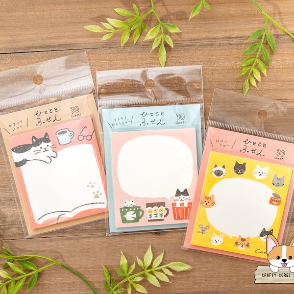 30 sheets | Furukawashiko | HITOKOTO Sticky Notes Memo Pad | Cat on Book - Cat in Mug - Cats