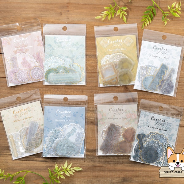 32 pc | Kamio | CROCHET Tracing Paper & Clear Stickers | Cherry Pink - Ice Green - Mustard - Greige - Ivory - Salvia Blue - Chocolate - Noir