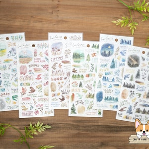 1 sheet | Mind Wave | Watercolor WARBLE Clear Stickers | Flower Field (Blue - Pink - Brown) Forest (Green - Navy - Gray)