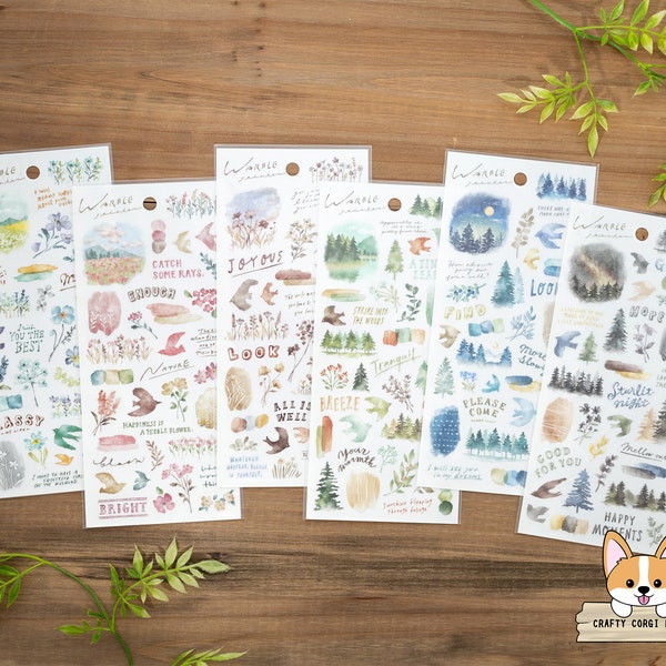 1 or 3 pc set | Mind Wave | Watercolor WARBLE Clear Stickers | Flower Field (Blue - Pink - Brown) Forest (Green - Navy - Gray)