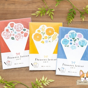 4 hojas 2 sobres / Furukawashiko / Juego de cartas con diseño de ramo de flores troqueladas / Rojo - Amarillo - Azul