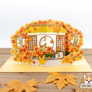 1 cartão 1 envelope | Impressão artística do Japão | Cartão comemorativo pop-up de outono | Folhas de bordo e gato