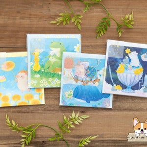 8 hojas 4 sobres / Pinza de ropa x Asano Yoshida / Juego de mini cartas cuadradas de animales / Erizo - Rana - Ballena - Oso polar