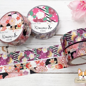 1 rouleau | 15 mm | KIMONO Kamiiso | Ruban adhésif Washi Yuzen Sakura, feuille d'or, séries HANA et YUU | Sakura à carreaux - Sakura à rayures
