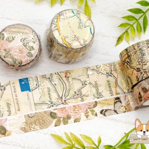 1 Rolle | 15mm oder 30mm | BGM | Vintage Washi Tape aus Goldfolie | Urlaubsromanze - Antike Landkarte