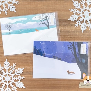 1 feuille | NB x Ryuki Fukao | Cartes postales animaux hiver CREALD | Shiba et neige - Renard et bonhomme de neige