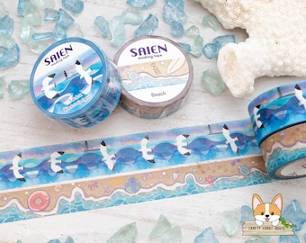 1 rollo / 15 mm o 20 mm / Kamiiso SAIEN / Cinta Washi de verano / Gaviota - Playa