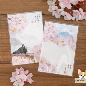 1 Bogen | Aktiv | Malerische Sakura (Japanische Kirschblüte) 3D Postkarten mit Strass | Zug - Mt Fuji
