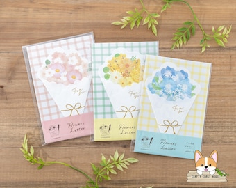 8 hojas / Furukawashiko / Die Cut Flower Bouquet Letter Set / Sakura - Mimosa - Nemophila