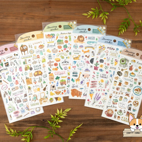 1 or 2 pc set | Mind Wave | DRAWING Washi Stickers | Fashion - Room - Marche - Animal - Flower - Coffee