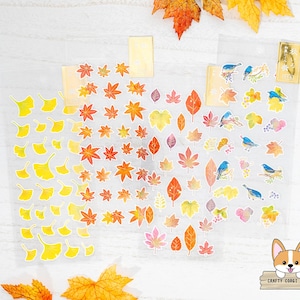 1 hoja / Activo / Pegatinas de papel dorado COLOR OTOÑO / Ginkgo - Arce japonés - Hojas de otoño - Cola azul de flancos rojos y hojas