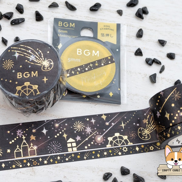 1 or 2 pc set | 5mm or 20mm | BGM | Night of Meteor Shower Gold Foil Washi Tape | Stardust - Deep Sky