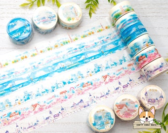 Set van 1 of 2 stuks | 20 mm | Achtergrondmuziek | Aquarel stad folie Washi Tape | Tokyo Tower - Mount Fuji - Kust - Stad - Villa - Europese stad