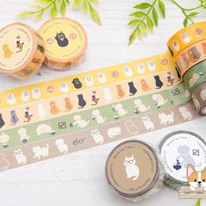 1 roll | 15mm | Hamamonyo | Cat Washi Tape | Beckoning Cat - Sitting Cat - Green Tea Cat - Eye Glasses Cat