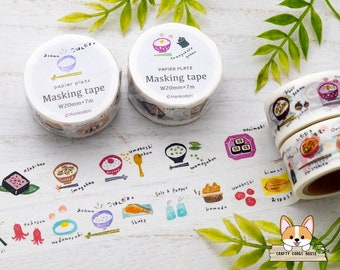May include: Three rolls of colorful washi tape with Japanese food illustrations. The tape is 20mm wide and 7 meters long. The designs include rice bowls, sushi, and other Japanese food items. The tape is labeled "Masking tape" and "Hankodori".