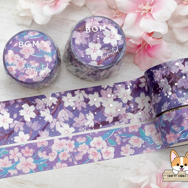 1 or 2 pc set | 20mm or 30mm | BGM | SPRING LIMITED Japanese Cherry Blossom Foil Washi Tape | Pure White Night - Wisteria Purple