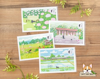 1 or 4 pc set | Active x Toshinori Mori | TABINEKO Summer Postcards | Shelter from Rain - Jizo Hall in Rain - Summer Light - Summer Breeze