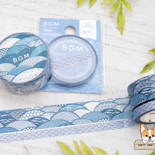 1 or 2 pc set | 5mm or 15mm | BGM | Japanese Scallop Design Foil Washi Tape | Seigaiha (Blue Ocean Waves) - Edo Monogatari