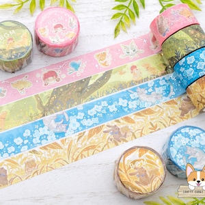 1 rollo / 20 mm / BGM / Serie Viaje Misterioso Dorado / Cinta Washi Holográfica / Amigos - Bosque - Tierra de Gatos - Escondite