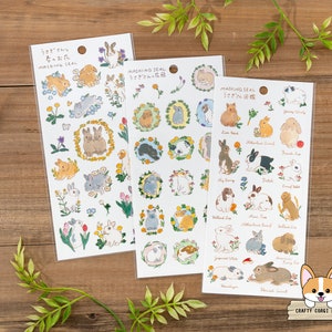 1 Bogen | Aktiv x Schinako Moriyama | Frühlings-Kaninchen Washi Aufkleber | Frühlingsblume - Blumenkrone - Illustrierte Anleitung zum Hasen