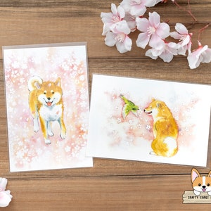 1 Bogen | Aktiv x Natsuka Murata | Shiba Inu & Japanischer Kirschblütenfrühling Postkarten | Shiba Inu und Sakura - Shiba Inu und Vogel