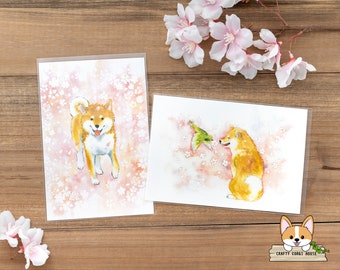 Ensemble 1 ou 2 pièces | Actif x Natsuka Murata | Shiba Inu et cartes postales japonaises de printemps de fleur de cerisier | Shiba Inu et Sakura - Shiba Inu et oiseau